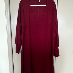 Addition Elle Long Sleeve V-Neck Knit Dress - Burgundy